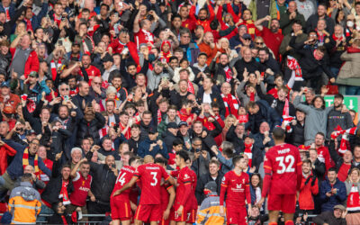 Liverpool supporters celebrate after Sadio Mané scores the first goal during the FA Premier League match between Liverpool FC and Manchester City FC at Anfield.