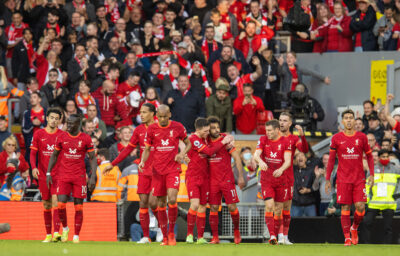 LIVERPOOL, ENGLAND - Sunday, October 3, 2021: Liverpool's Mohamed Salah celebrates after scoring the second goal during the FA Premier League match between Liverpool FC and Manchester City FC at Anfield. The game ended in a 2-2 draw. (Pic by David Rawcliffe/Propaganda)