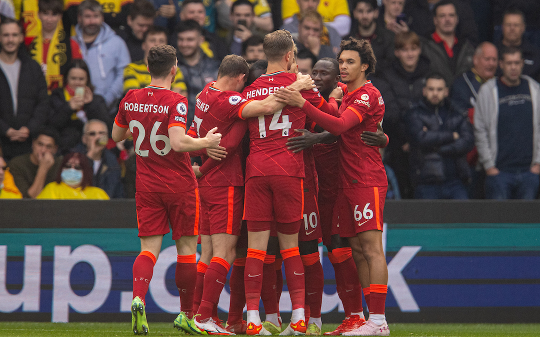Liverpool's Sadio Mané celebrates with team-mates after scoring the first goal, his 100th Premier League goal, during the FA Premier League match between Watford FC and Liverpool FC at Vicarage Road