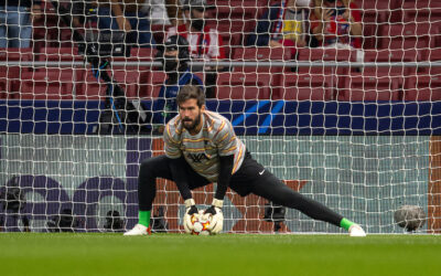 Alisson Becker during the pre-match warm-up before the UEFA Champions League Group B Matchday 3 game between Club Atlético de Madrid and Liverpool FC at the Estadio Metropolitano