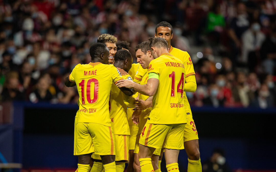 Liverpool's Naby Keita (#8) celebrates after scoring the second goal with team-mates during the UEFA Champions League Group B Matchday 3 game between Club Atlético de Madrid and Liverpool FC at the Estadio Metropolitano