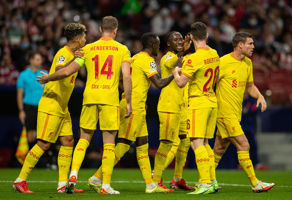 Liverpool's Naby Keita (3rd from R) celebrates after scoring the second goal with team-mates during the UEFA Champions League Group B Matchday 3 game between Club Atlético de Madrid and Liverpool FC at the Estadio Metropolitano