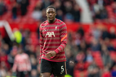 Liverpool's Ibrahima Konaté during the pre-match warm-up before the FA Premier League match between Manchester United FC and Liverpool FC at Old Trafford