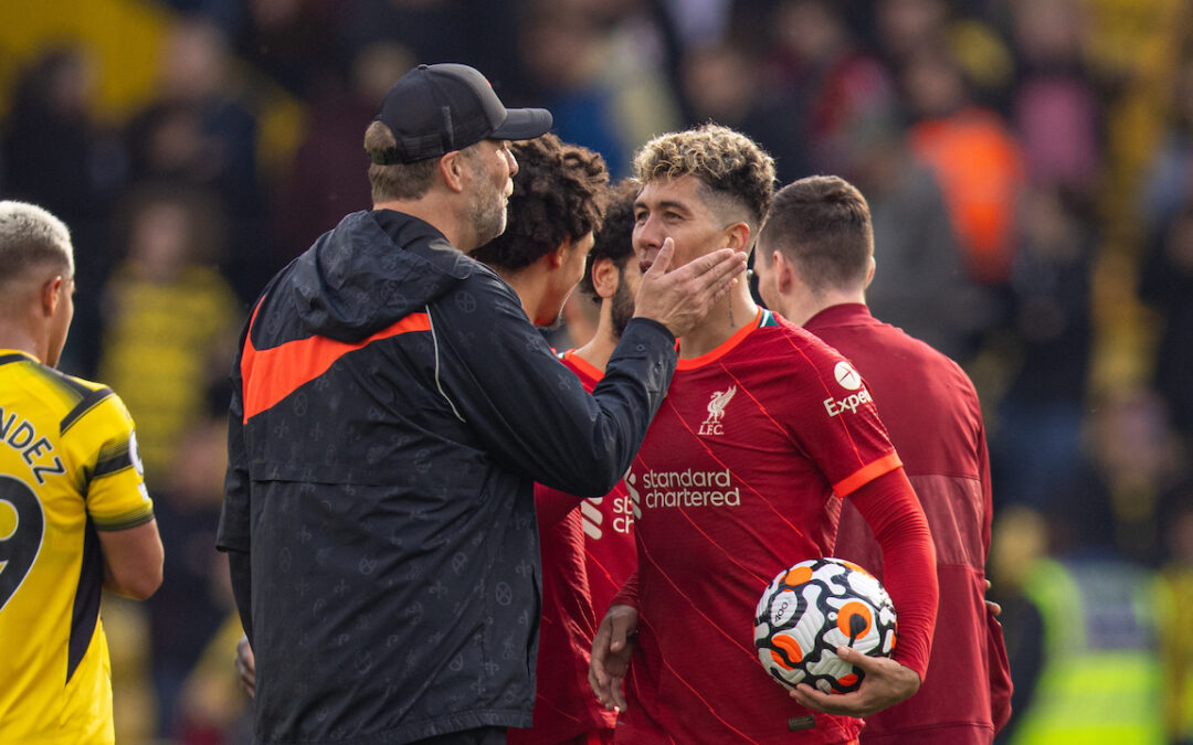 Liverpool's manager Jürgen Klopp congratulates hat-trick hero Roberto Firmino after the FA Premier League match between Watford FC and Liverpool FC at Vicarage Road