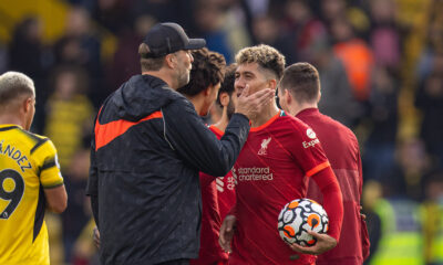 Liverpool's manager Jürgen Klopp congratulates hat-trick hero Roberto Firmino after the FA Premier League match between Watford FC and Liverpool FC at Vicarage Road
