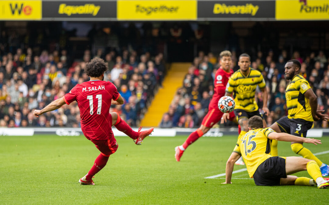 Liverpool's Mohamed Salah scores the fourth goal, the eighth consecutive game he's scored in, during the FA Premier League match between Watford FC and Liverpool FC at Vicarage Road