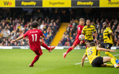Liverpool's Mohamed Salah scores the fourth goal, the eighth consecutive game he's scored in, during the FA Premier League match between Watford FC and Liverpool FC at Vicarage Road