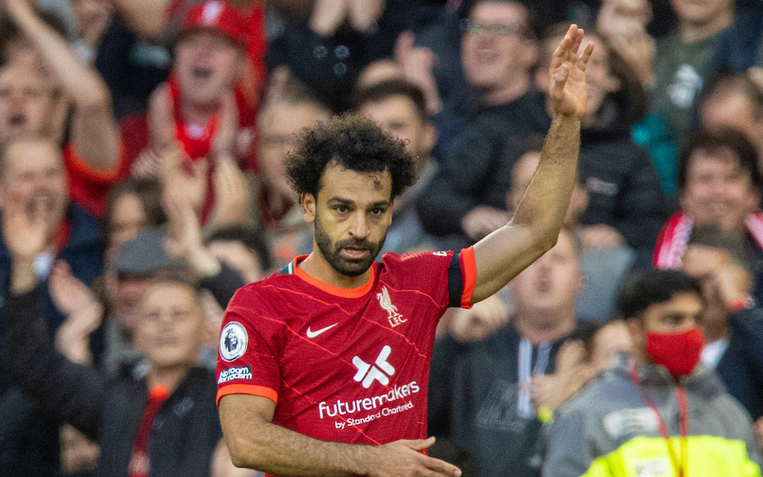 Liverpool's Mohamed Salah celebrates after scoring the second goal during the FA Premier League match between Liverpool FC and Manchester City FC at Anfield.