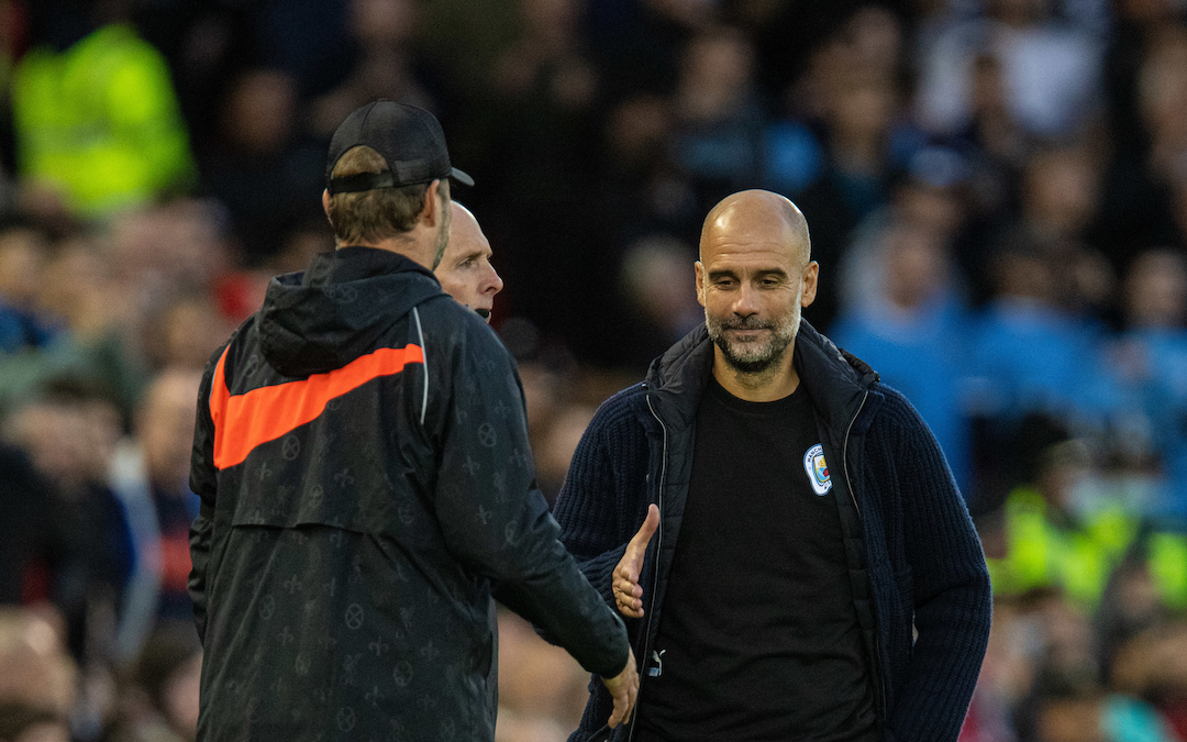 Manchester City's manager Josep 'Pep' Guardiola shakes hands with Liverpool's manager Jürgen Klopp during the FA Premier League match between Liverpool FC and Manchester City FC at Anfield