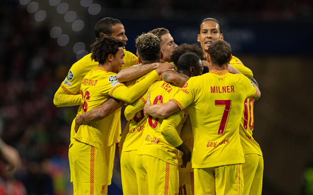 Liverpool's Mohamed Salah celebrates with team-mates after scoring the first goal, scoring in his ninth consecutive game, during the UEFA Champions League Group B Matchday 3 game between Club Atlético de Madrid and Liverpool FC at the Estadio Metropolitano