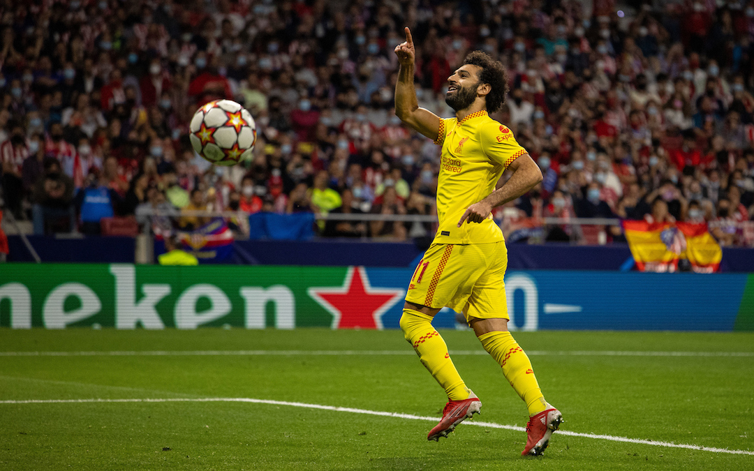 Liverpool's Mohamed Salah celebrates after scoring the third goal, from a penalty-kick, to makes the score 2-3 during the UEFA Champions League Group B Matchday 3 game between Club Atlético de Madrid and Liverpool FC at the Estadio Metropolitano