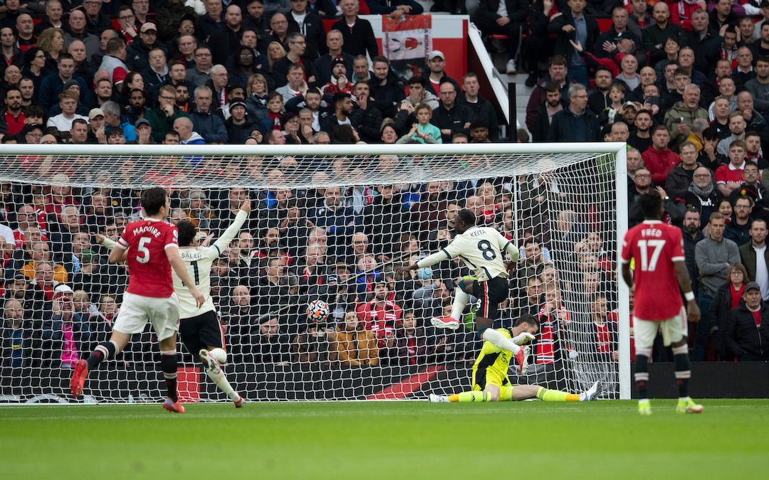 Liverpool's Naby Keita scores the first goal rduring the FA Premier League match between Manchester United FC and Liverpool FC at Old Trafford