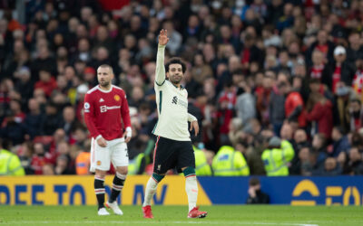 Liverpool's Mohamed Salah celebrates scoring the fouth goal, his second of his hat-trick. during the FA Premier League match between Manchester United FC and Liverpool FC at Old Trafford