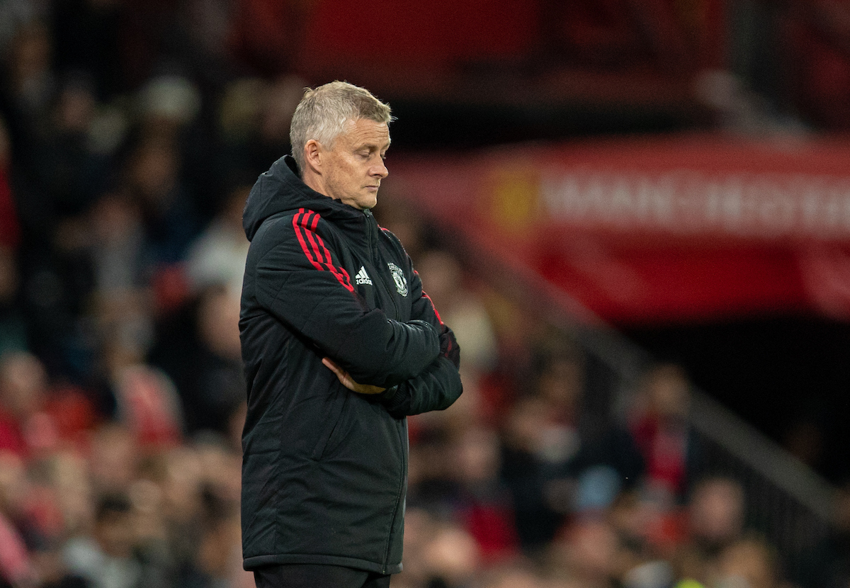 Manchester United's manager Ole Gunnar Solskjær looks dejected during the FA Premier League match between Manchester United FC and Liverpool FC at Old Trafford