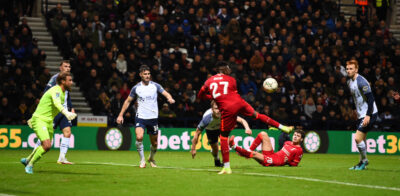 Divock Origi scores the second goal during the English Football League Cup 4th Round match between Preston North End FC and Liverpool FC at Deepdale