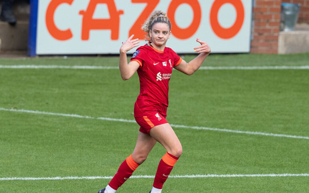 Liverpool's Leanne Kiernan celebrates after scoring the second goal during the FA Women’s Championship game between Liverpool FC Women and Lewes FC Women at Prenton Park