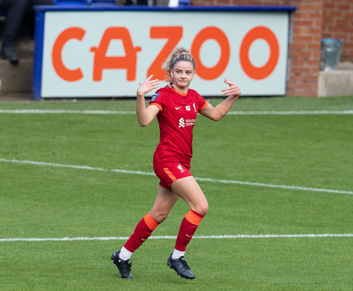 Liverpool's Leanne Kiernan celebrates after scoring the second goal during the FA Women’s Championship game between Liverpool FC Women and Lewes FC Women at Prenton Park