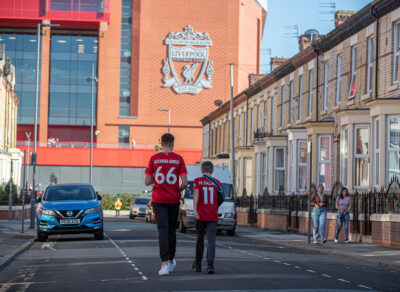 LIVERPOOL, ENGLAND - Wednesday, September 15, 2021: Liverpool fans make their way to the stadium before the UEFA Champions League Group B Matchday 1 game between Liverpool FC and AC Milan at Anfield. (Pic by Paul Currie/Propaganda)
