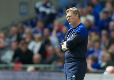 David Moyes looks dejected as his side lose 2-1 to Liverpool during the FA Cup Semi-Final match at Wembley