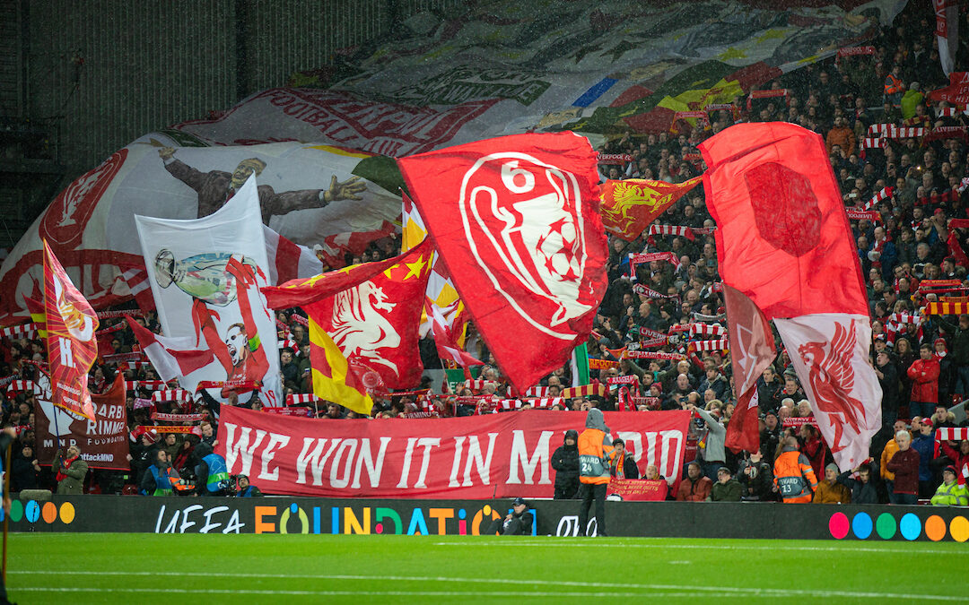 Liverpool supporters on the Spion Kop before the UEFA Champions League Round of 16 2nd Leg match between Liverpool FC and Club Atlético de Madrid at Anfield