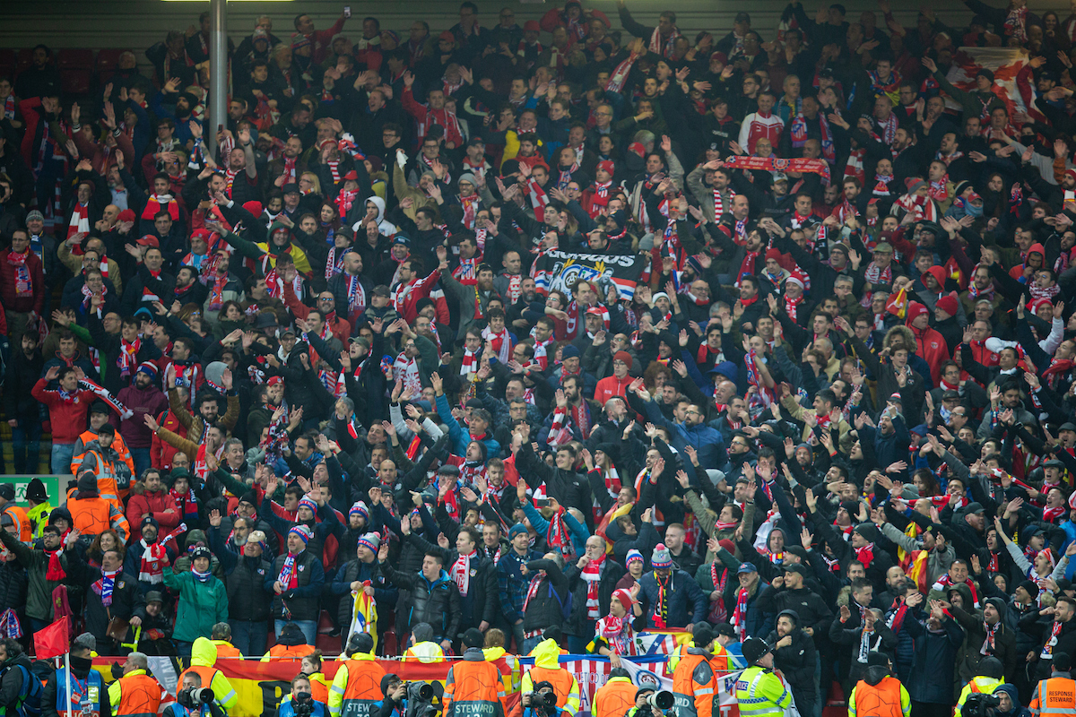 Club Atlético de Madrid supporters during the UEFA Champions League Round of 16 2nd Leg match between Liverpool FC and Club Atlético de Madrid at Anfield