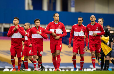 Liverpool’s Virgil van Dijk and team-mates before the FA Premier League match between Everton FC and Liverpool FC, the 237th Merseyside Derby, at Goodison Park
