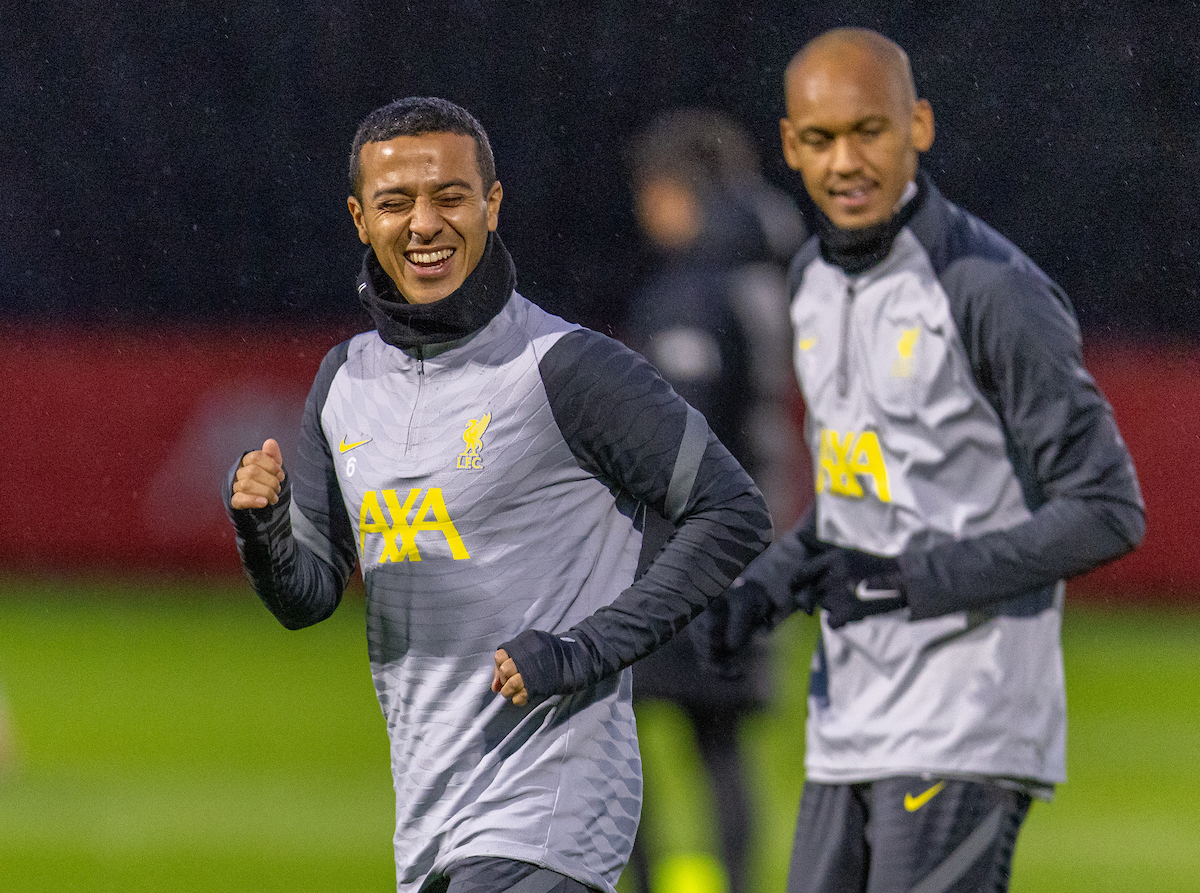 Thiago Alcantara during a training session at the AXA Training Centre ahead of the UEFA Champions League Group B Matchday 4 game between Liverpool FC and Club Atlético de Madrid