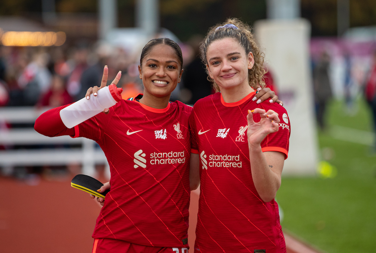 Liverpool's goal-scorers Taylor Hinds (L) and Leanne Kiernan celebrate after the FA Women’s Championship Round 9 match between Durham Women FC and Liverpool FC Women at Maiden Castle Sports Park