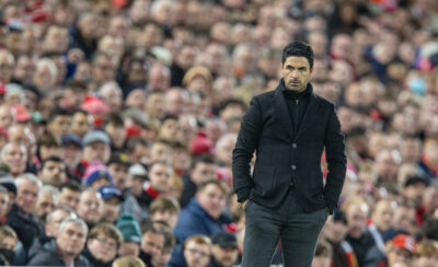 Arsenal's manager Mikel Arteta during the FA Premier League match between Liverpool FC and Arsenal FC at Anfield