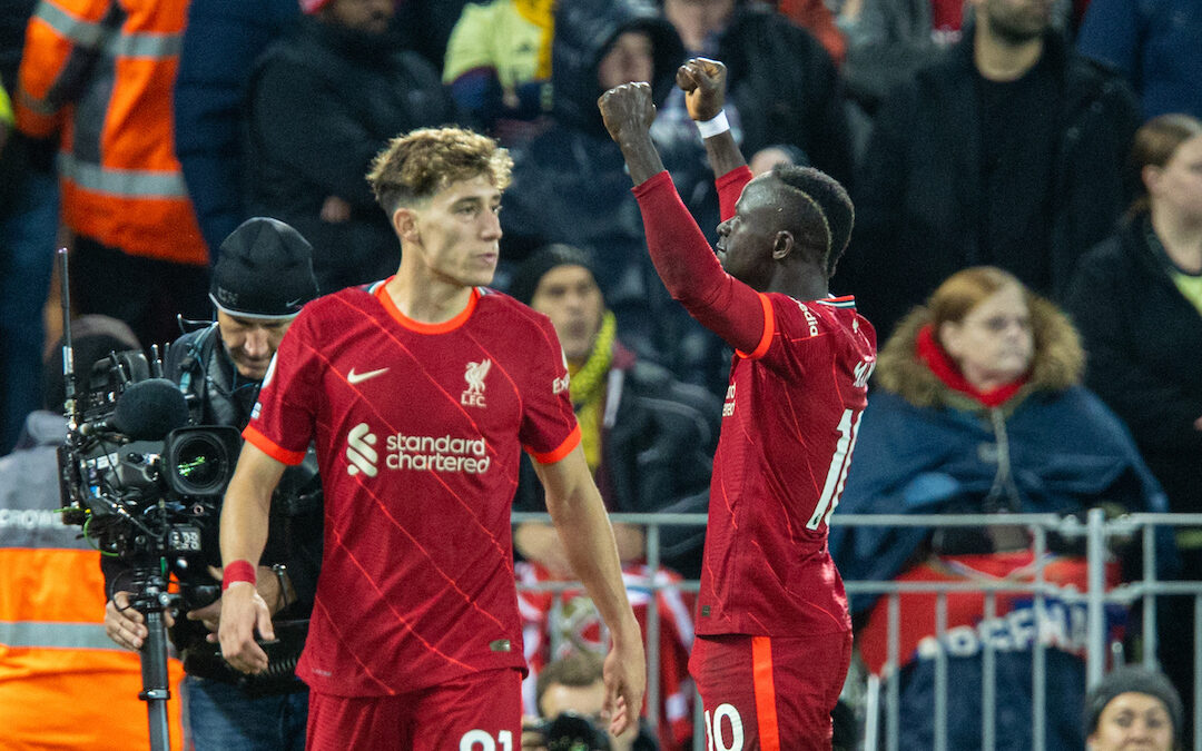 Liverpool's Sadio Mane celebrates after scoring the first goal during the FA Premier League match between Liverpool FC and Arsenal FC at Anfield