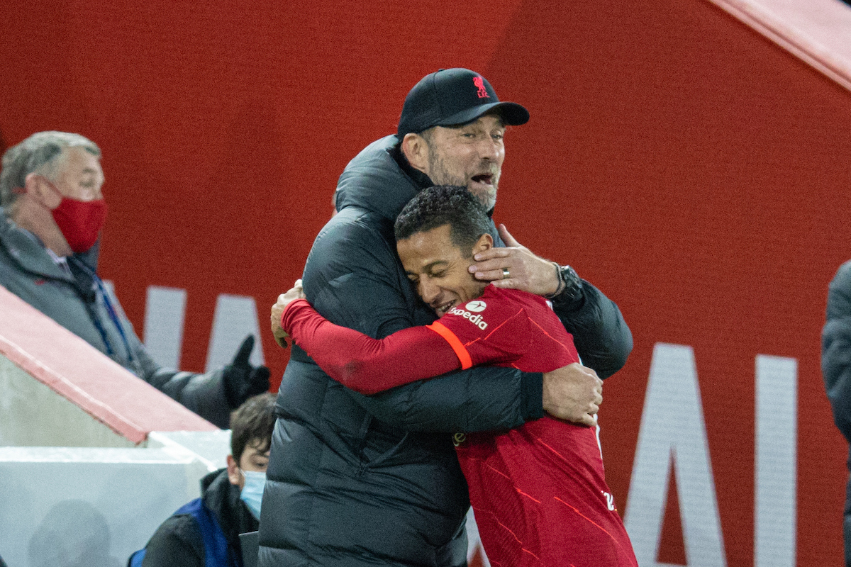 Liverpool's manager Jürgen Klopp embraces goal-scorer Thiago Alcantara as he is substituted during the UEFA Champions League Group B Matchday 5 game between Liverpool FC and FC Porto at Anfield