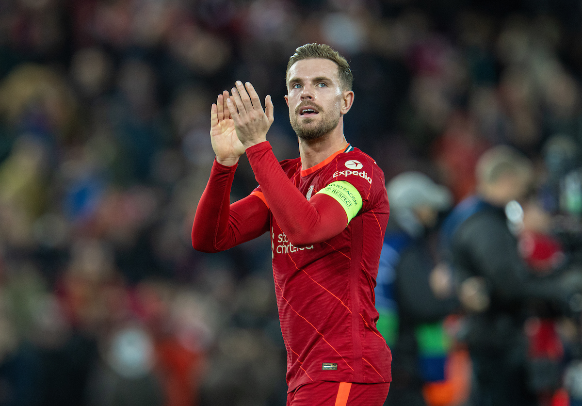 Liverpool's captain Jordan Henderson applauds the supporters after the UEFA Champions League Group B Matchday 5 game between Liverpool FC and FC Porto at Anfield