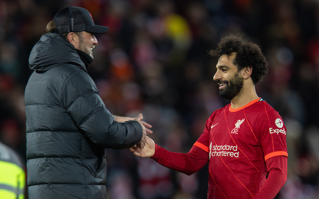 Liverpool's Mohamed Salah (R) and manager Jürgen Klopp after the FA Premier League match between Liverpool FC and Southampton FC at Anfield