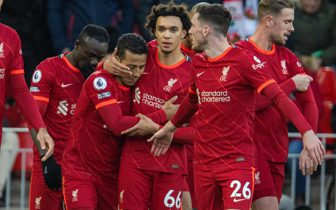 Liverpool's Thiago Alcantara celebrates after scoring the third goal during the FA Premier League match between Liverpool FC and Southampton FC at Anfield