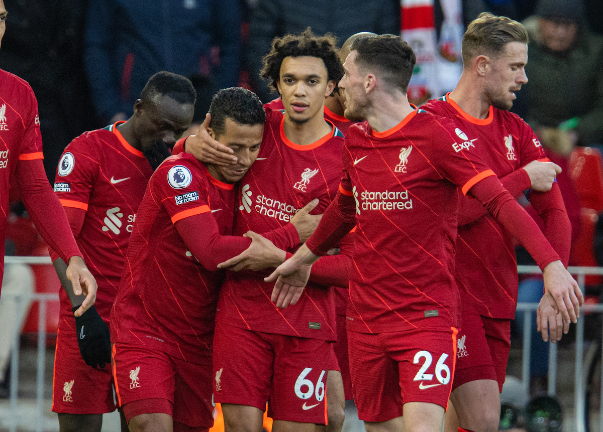 Liverpool's Thiago Alcantara celebrates after scoring the third goal during the FA Premier League match between Liverpool FC and Southampton FC at Anfield