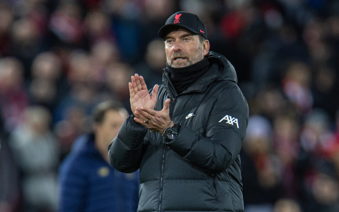 Liverpool's manager Jürgen Klopp applauds the supporters after the UEFA Champions League Group B Matchday 5 game between Liverpool FC and FC Porto at Anfield