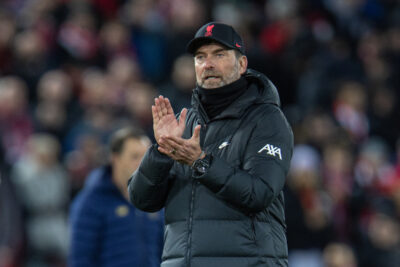 Liverpool's manager Jürgen Klopp applauds the supporters after the UEFA Champions League Group B Matchday 5 game between Liverpool FC and FC Porto at Anfield