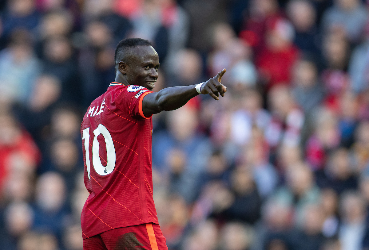 Sadio Mané celebrates after scoring a goal during the FA Premier League match between Liverpool FC and Brighton & Hove Albion FC at Anfield