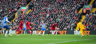 Brighton & Hove Albion's Leandro Trossard scores the second goal to equalise the score at 2-2 during the FA Premier League match between Liverpool FC and Brighton & Hove Albion FC at Anfield