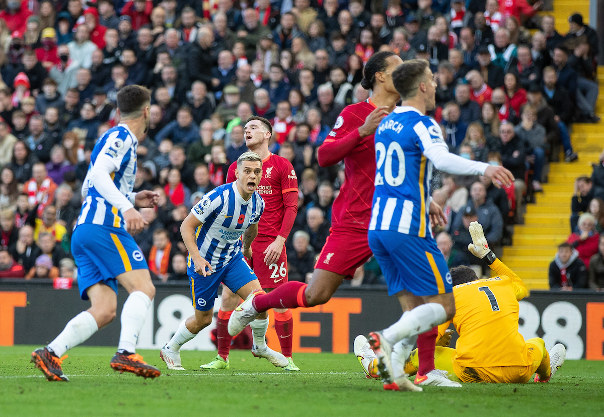 Brighton & Hove Albion's Leandro Trossard celebrates after scoring the second goal to equalise the score at 2-2 during the FA Premier League match between Liverpool FC and Brighton & Hove Albion FC at Anfield