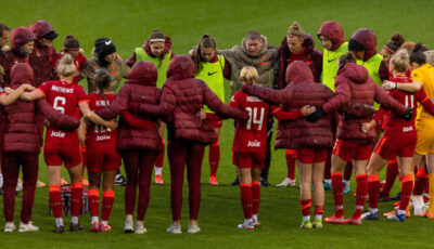 Liverpool's manager Matt Beard speaks to his players after the FA Women’s Championship game between Liverpool FC Women and Lewes FC Women at Prenton Park