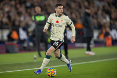 Liverpool's Andy Robertson during the FA Premier League match between West Ham United FC and Liverpool FC at the London Stadium