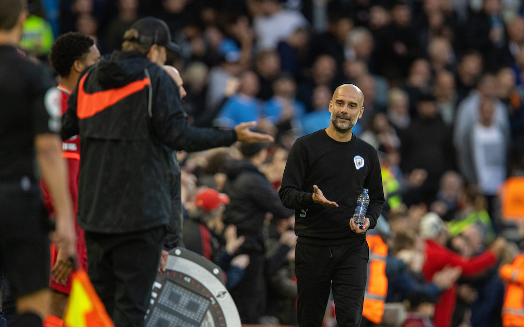 Manchester City's manager Josep 'Pep' Guardiola reacts during the FA Premier League match between Liverpool FC and Manchester City FC at Anfield