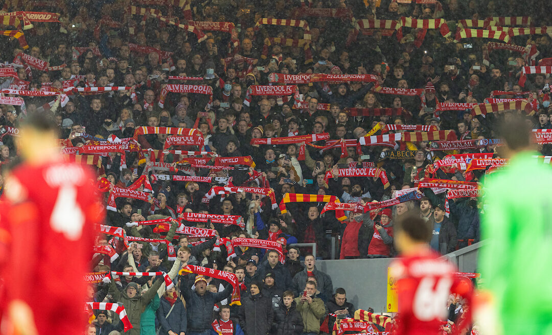 Liverpool supporters sing "You'll Never Walk Alone" before the FA Premier League match between Liverpool FC and Aston Villa FC at Anfield