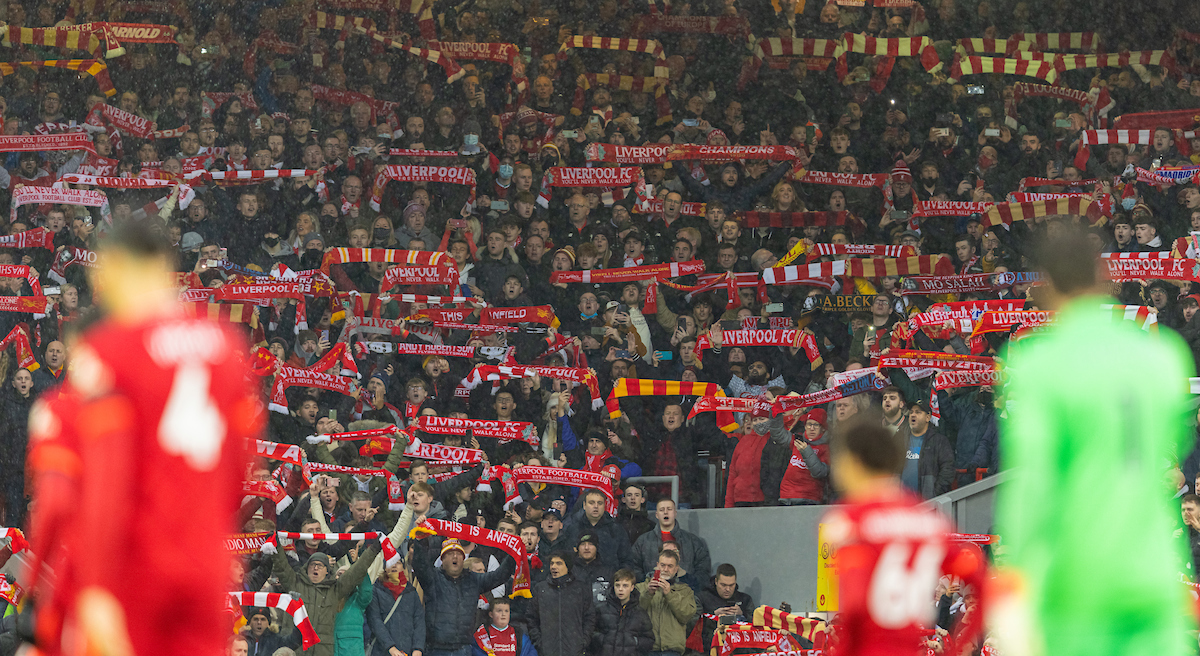 Liverpool supporters sing "You'll Never Walk Alone" before the FA Premier League match between Liverpool FC and Aston Villa FC at Anfield