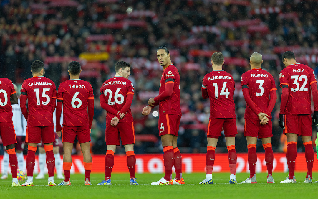 Liverpool's Virgil van Dijk and team-mates line-up for a minute's applause in memory of former player Ray Kennedy before the FA Premier League match between Liverpool FC and Aston Villa FC at Anfield