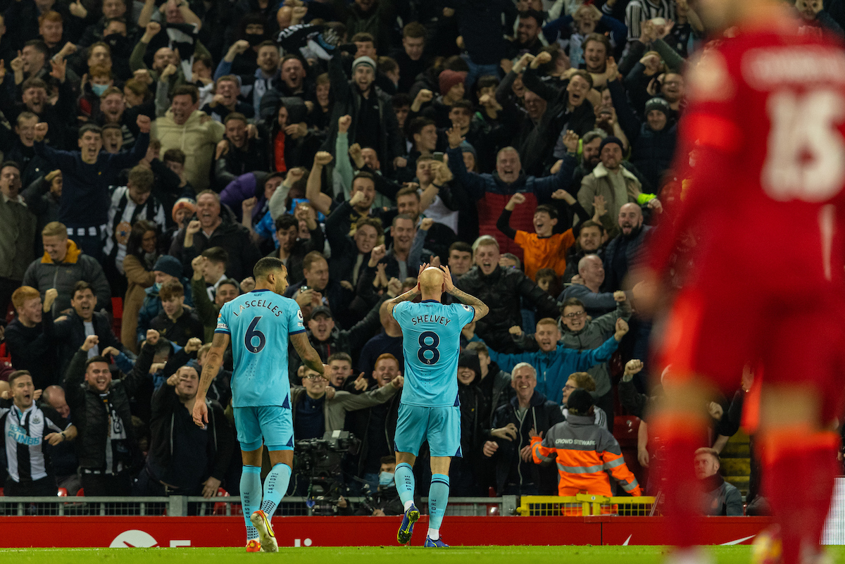 Newcastle United's Jonjo Shelvey celebrates after scoring the first goal during the FA Premier League match between Liverpool FC and Newcastle United FC at Anfield