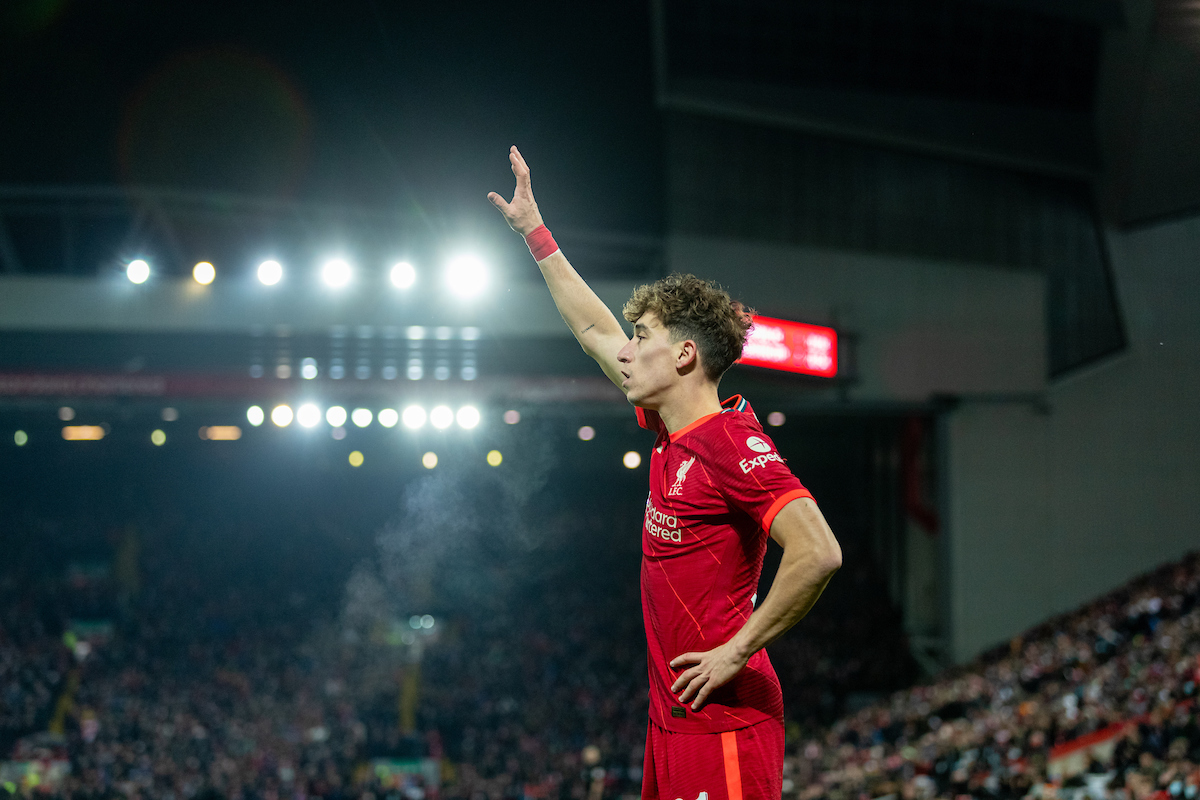 Liverpool's Kostas Tsimikas during the Football League Cup Quarter-Final match between Liverpool FC and Leicester City FC at Anfield