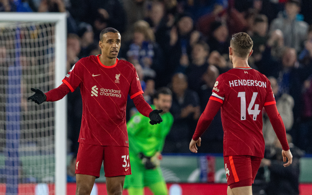 Liverpool's Joel Matip looks dejected as Leicester City score the only goal of the game during the FA Premier League match between Leicester City FC and Liverpool FC at the King Power Stadium