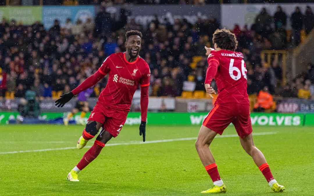 Liverpool's Divock Origi celebrates after scoring an injury tinme winning goal during the FA Premier League match between Wolverhampton Wanderers FC and Liverpool FC at Molineux Stadium